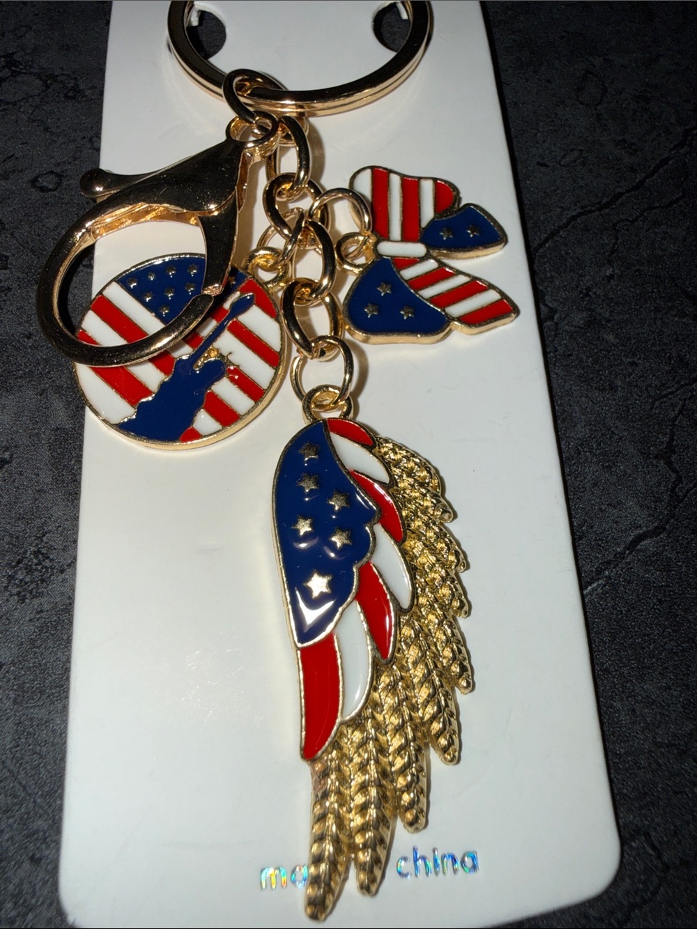 Gold-tone Patriotic Wing & Charm Keychain - Red, White & Blue